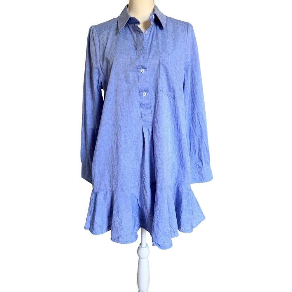 Tuckernuck Callahan Chambray Shirt Dress Blue Button Front Ruffle Hem Size L NWT - Picture 4 of 7